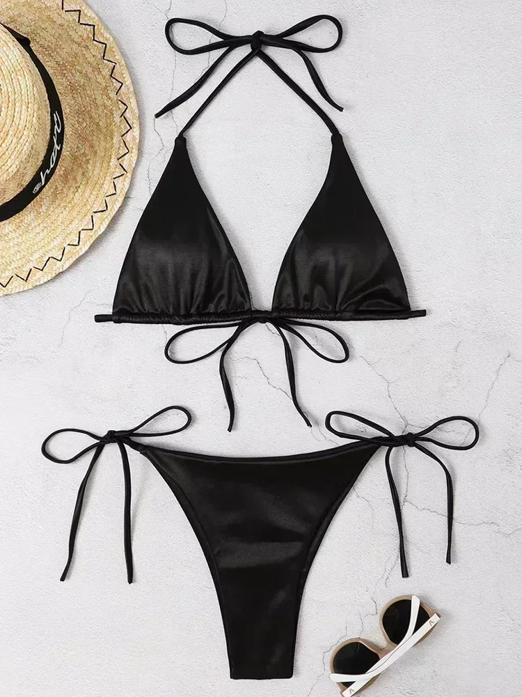 Metallic Satin Bikini Damen – Wrap Around Halter Zweiteiler